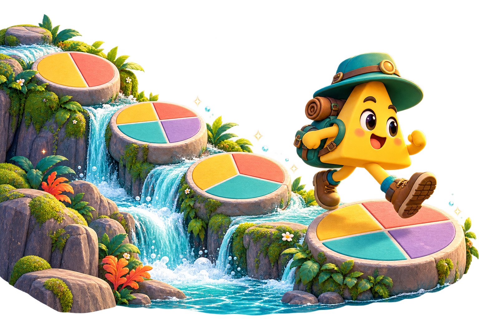 Maskot NUMI meneroka batu pecahan di air terjun
